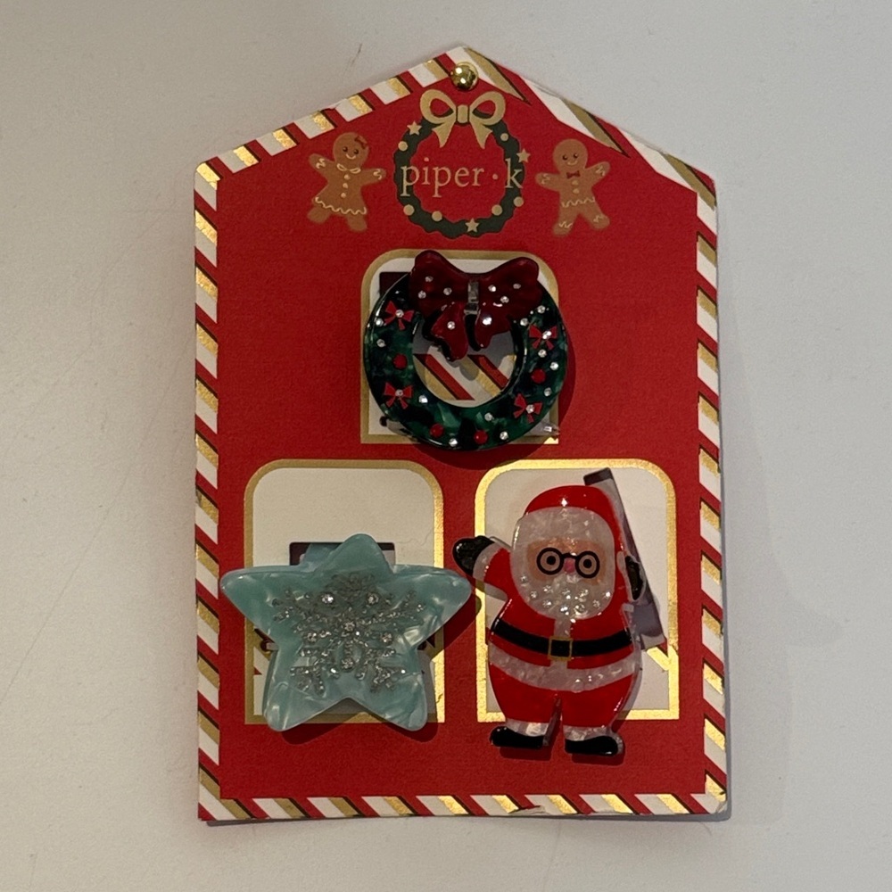 NWT Piper K 3Pcs Christmas Hair Clips Wreath, Star and Santa Claus